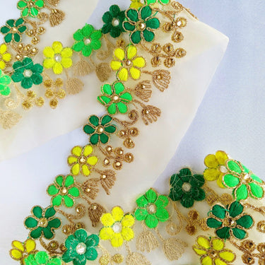 Gold Sheer Tissue Fabric Trim With Embroidered Green & Gold Flowers, Embellished With Beads, Approx. 65 mm Wide - 210119L105